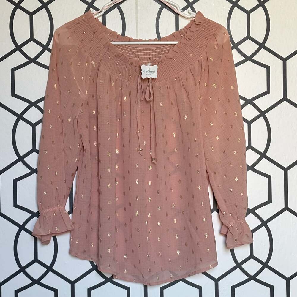 E&M Pink Gold Foil Dot Smocked Off Shoulder Long Sleeve Blouse Top M